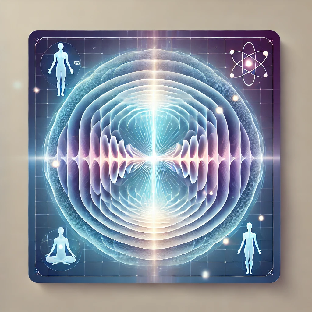 DALL·E 2025 03 24 01.51.04 A Clean, Vector Style Illustration For A Website Card Explaining How Scalar Waves Are Formed And Interact With The Human Biofield. The Image Shows Two